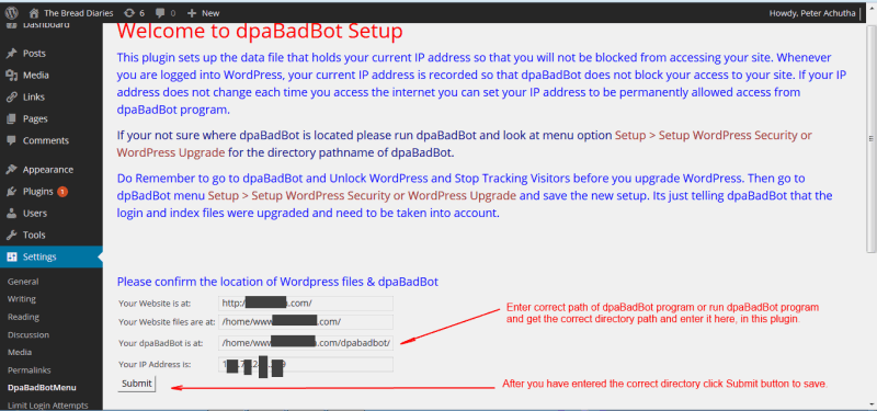 dpabadbotwp plugin screen