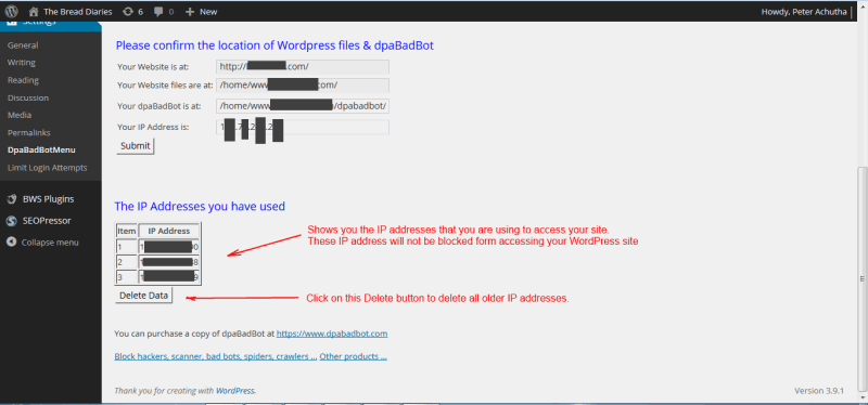 dpabadbotwp plugin screen